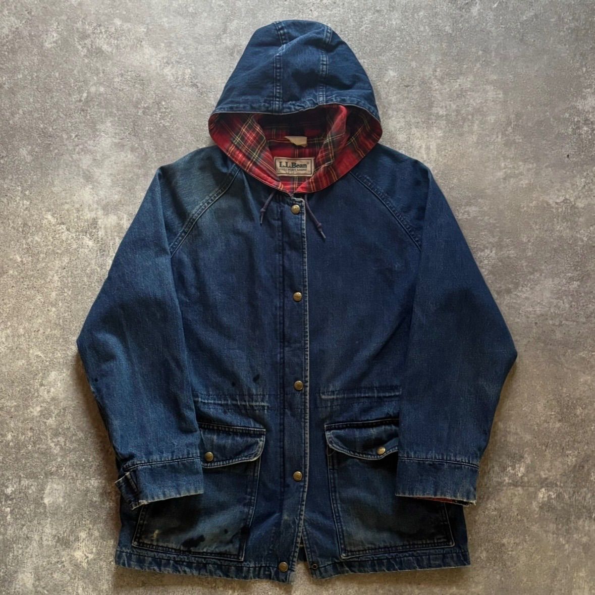 80年代 80s L.L.Bean エルエルビーン 裏地チェック デニム マウンテンパーカー M USA製 アメリカ製