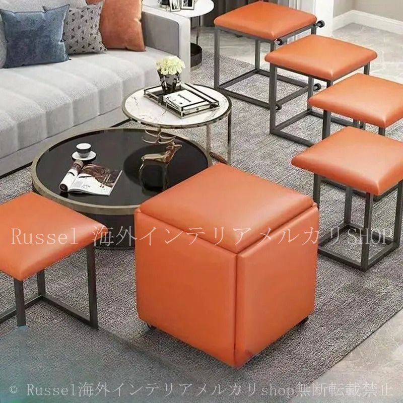 収納出来る オットマン セット 椅子 チェア 多機能 5-IN-1 キューブ ソファースツール 組み立て 合皮 オレンジ リビングルーム ベッドルーム パーティー おしゃれ デザイン ユニーク 便利 贈り物 4-7
