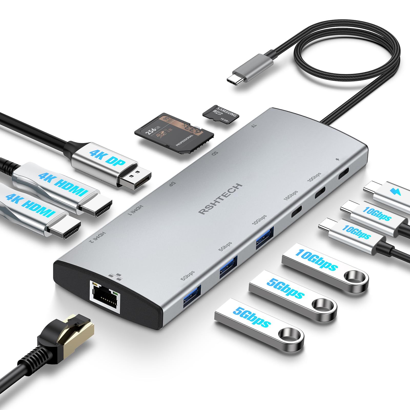 ドッキングステーション 3画面出力 (12-in-1, Triple Display) RSHTECH USB-C ハブ 2 HDMI＋DP 最大4K@60Hz 出力 MST機能 PD対応 100W 給電 USB A&C 3.2 10Gbpsデータ転 ...