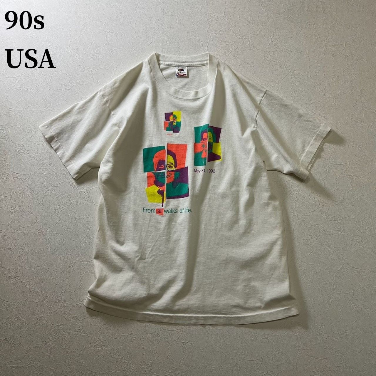 90s USA　アート　人物　シングルステッチ　Tシャツ　ホワイト　L 古着