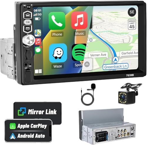 オーディオ1 Din 7 インチ タッチスクリーン CarPlay Android Auto、1 Din Bluetooth 5.1、Mirror Link for Android/iOS、USB/TF ポート、Aux、FM ラジオ、EQ デ 7855f441