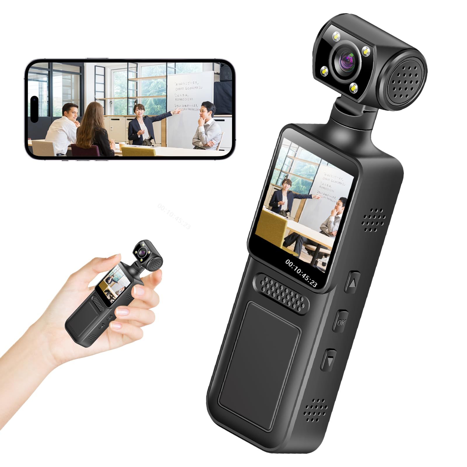 【最進化スマホ連動可能の1.3インチの小型ビデオカメラ】ボディカメラ ハンディ ウェアラブル アクション 動画撮影用 180度回転レンズ ホットスポットでスマホ連動可能 軽量/クリップ付き 屋外/玄関/屋内用セキュリティ小型防犯カメラ 会議 452e4188