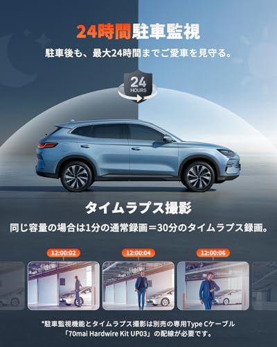 ドライブレコーダー 70mai 超小型 2K 300万画素 フルHD ドラレコ 1カメラ Gセンサー 緊急録画 24時間駐車監視 WDR搭載 タイムラプス ループ録画 暗視機能 3Dノイズ除去技術 耐熱構造 車載カメラ Wi-Fi APP連動 c4f5bf96