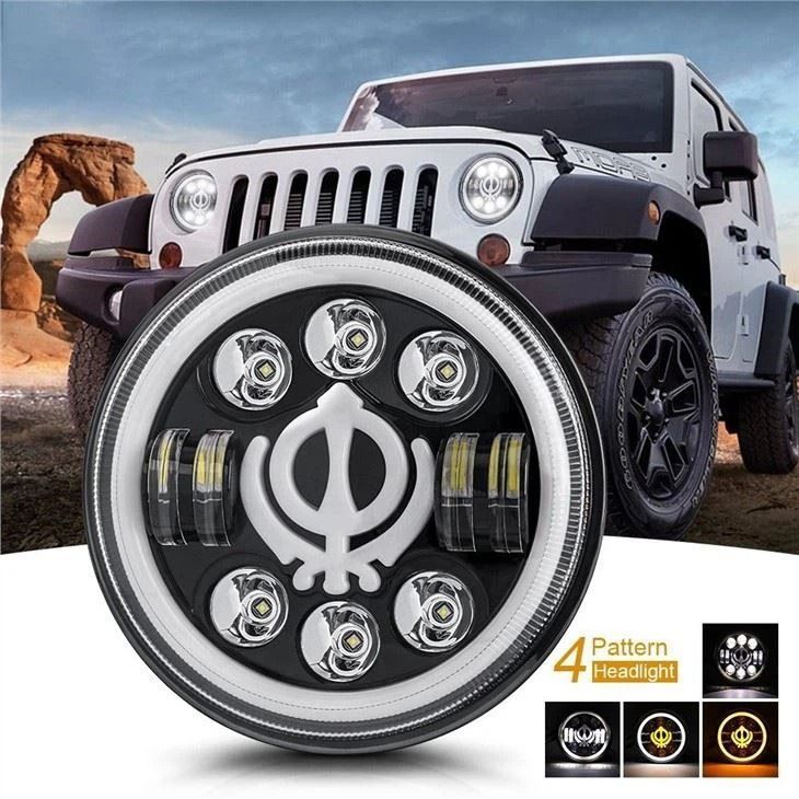 送料込み！7インチ フルサークル LEDヘッドライト ロー／ハイビーム 白／黄 エンジェルアイ 汎用 12V 車検対応 ホワイト アンバー #LEDヘッドライト