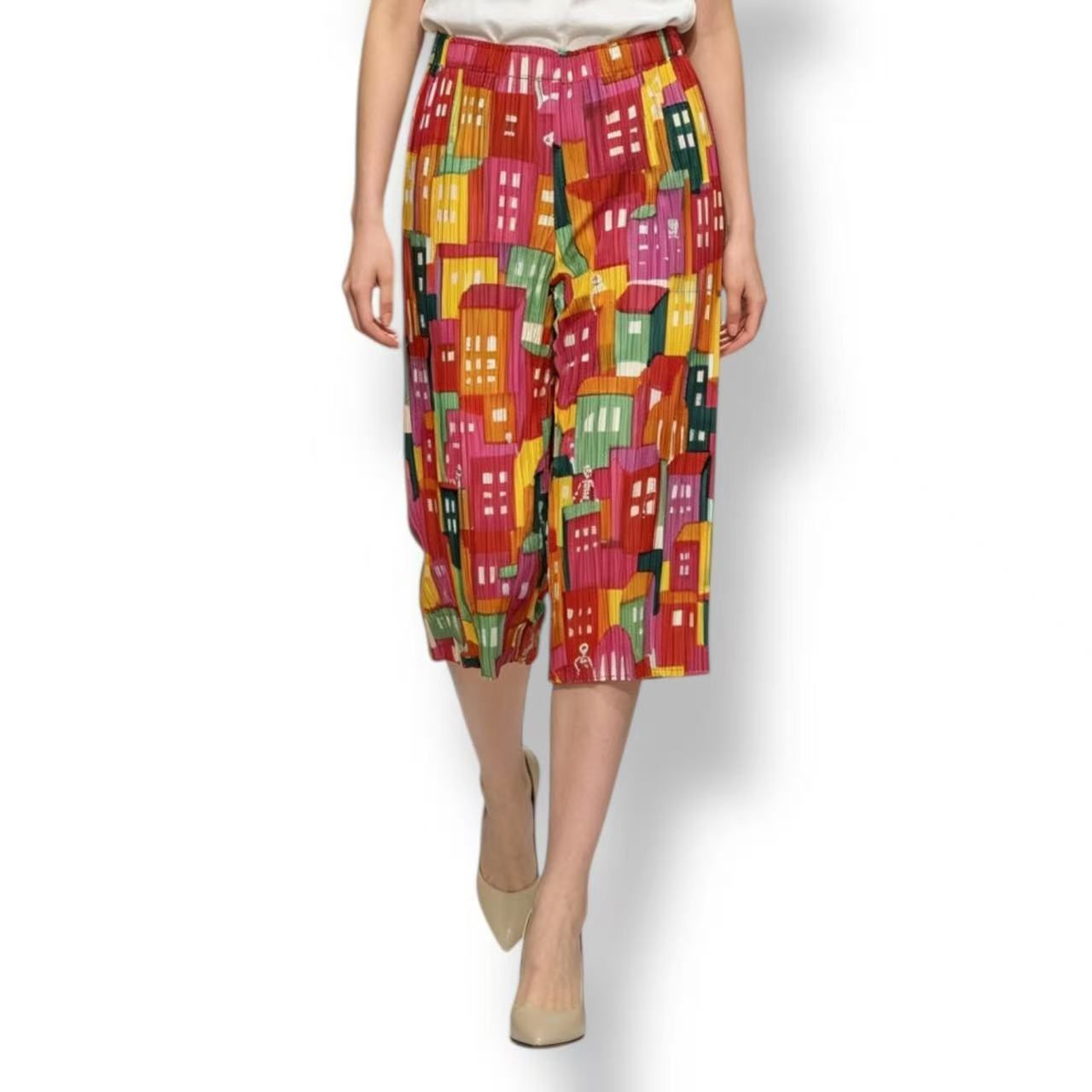 新品同様 ISSEY MIYAKE イッセイミヤケ PLEATS PLEASE プリーツプリーズ パンツ 夜景風プリント マルチカラー