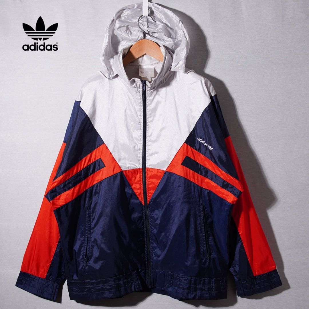 90s アディダス adidas ナイロンジャケット 白タグ L ネイビー ホワイト レッド ヴィンテージ Vintage ストリート オーバーサイズ ビッグシルエット ロゴ刺繍 スポーツ 古着 K107