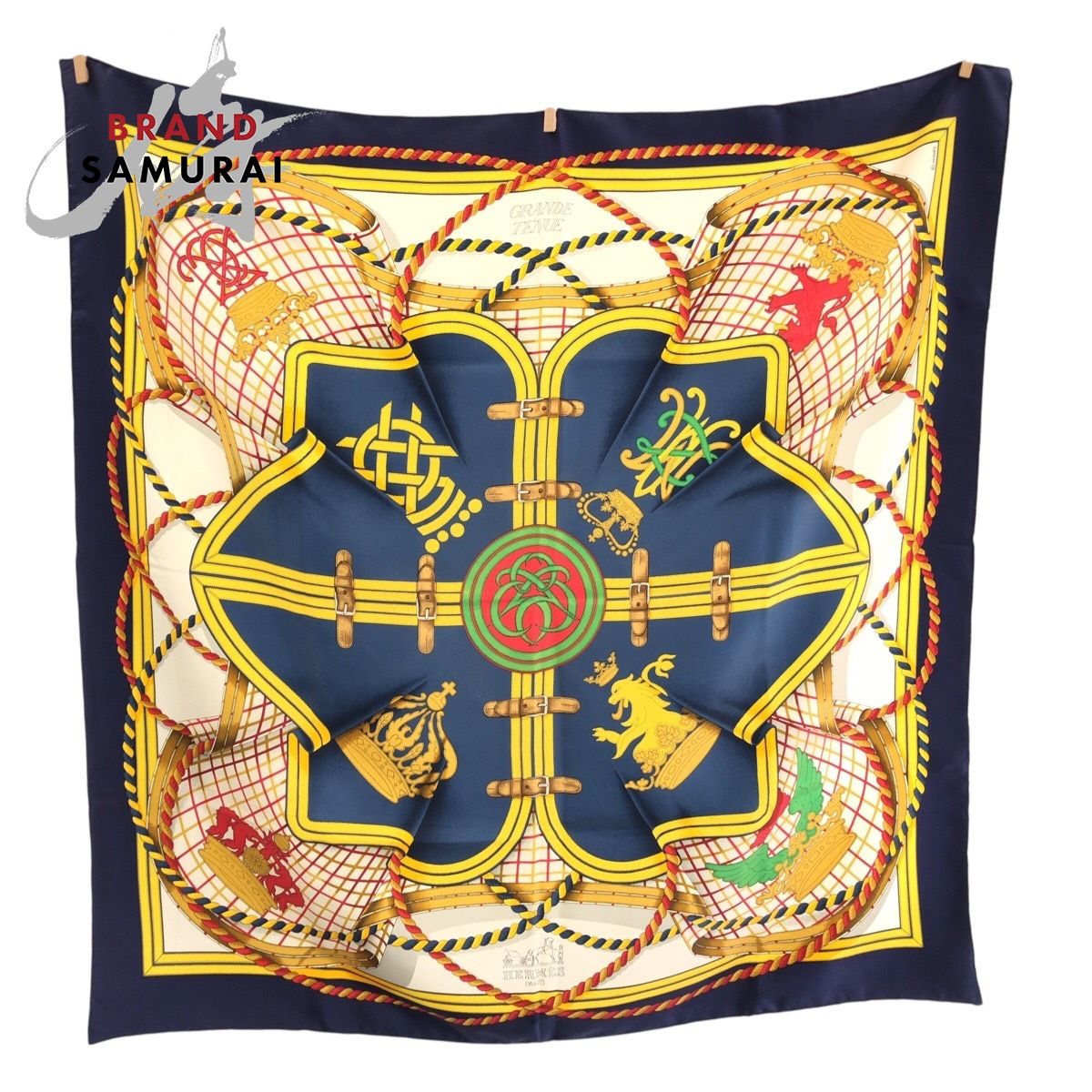 美品 HERMES エルメス GRANDE TENUE カレ90 ネイビー イエロー マルチカラー シルク スカーフ レディース 602389【中古】