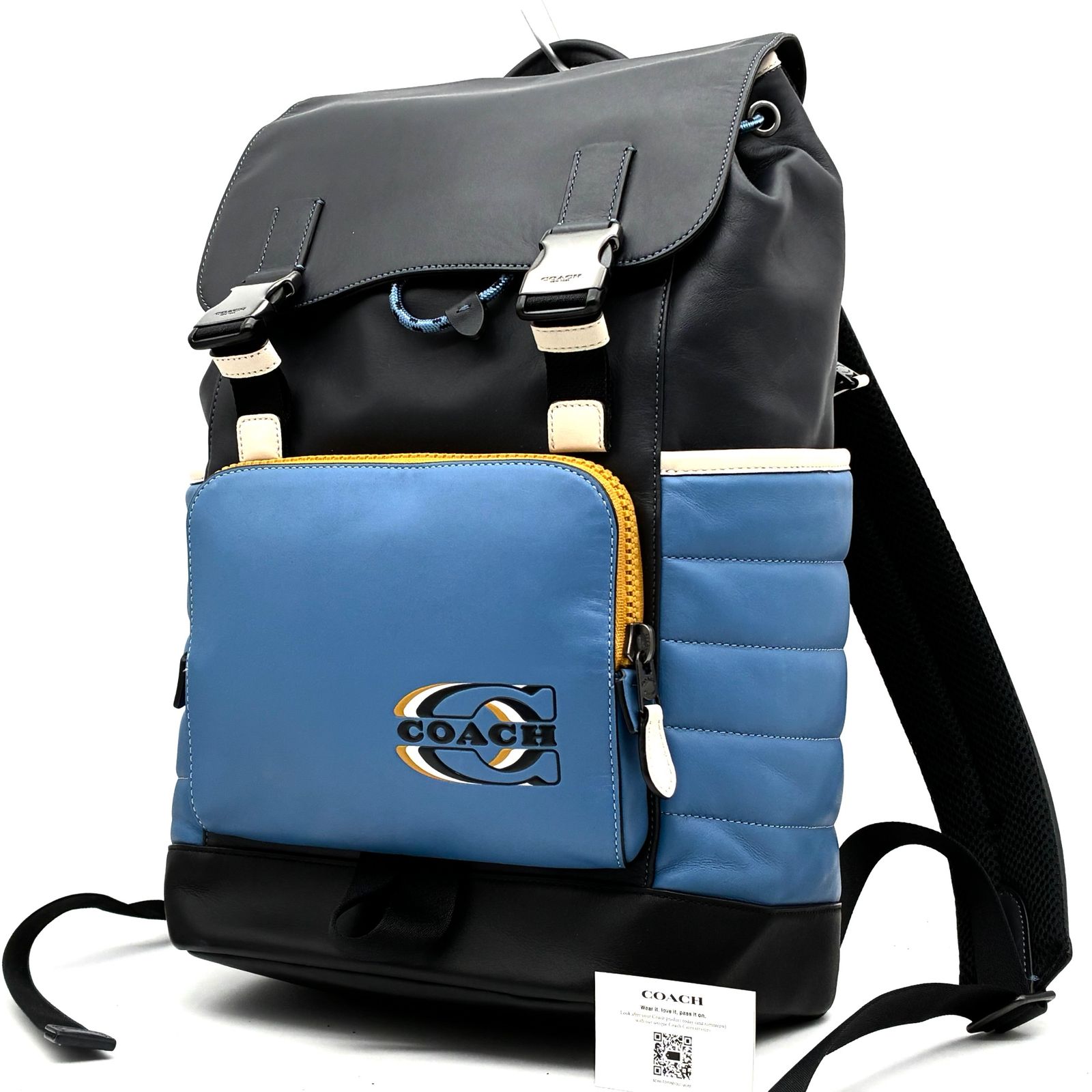 未使用に近い COACH コーチ トラック バックパック キルティング アンド コーチ スタンプ リュック デイパック スムース カーフ レザー ブルー 青 A4収納可 PC収納 大容量 自立 通勤 通学 旅行 レジャー メンズ レディース ユニセックス