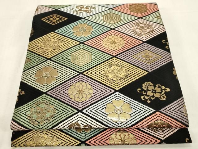 平和屋着物●九寸開き名古屋帯　唐織　菱花文　黒地　金糸　松坂屋扱い　正絹　逸品　CABF6348dy