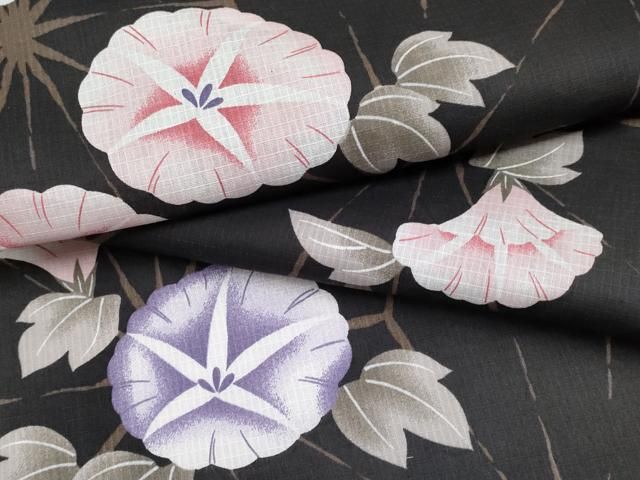平和屋着物∴夏物　浴衣　綿紅梅　朝顔　黒地　綿　逸品　CABF2734tx