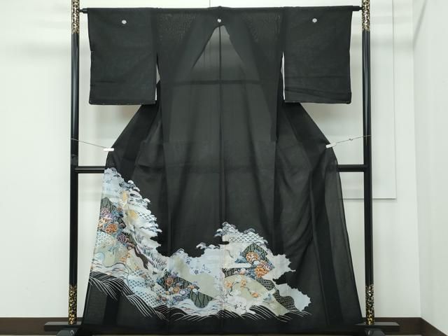 平和屋着物＊夏物　黒留袖　絽　刺繍　立波飛鶴草花文　金銀糸　洗える着物　未使用　CABF4569rv