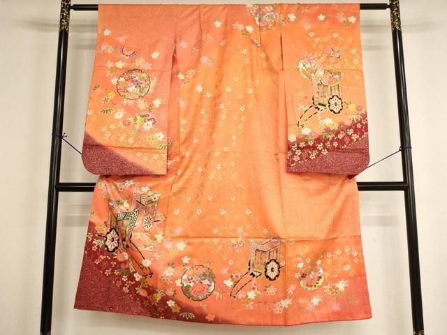 平和屋着物[]七五三　女の子　７歳　祝着　四つ身　御所車花文　暈し染め　金彩　AABH2990ja