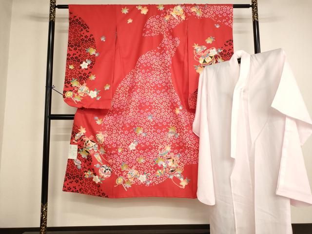 平和屋着物[]七五三　女の子　７歳　祝着　四つ身　長襦袢（単衣）セット　吉祥花手毬文　未使用　AABH2991ja