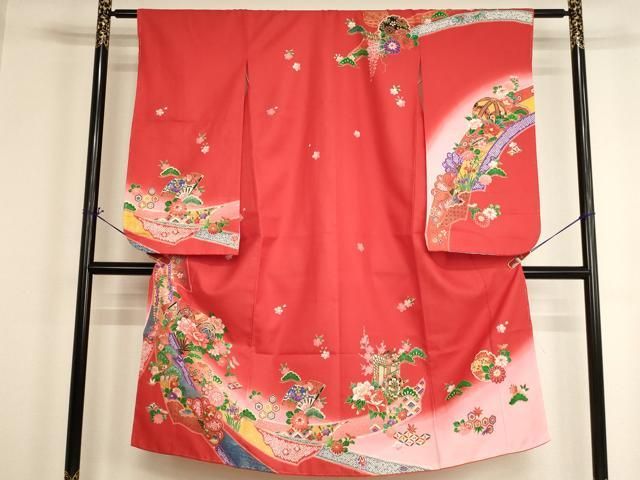 平和屋着物[]七五三　女の子　７歳　祝着　四つ身　扇面花鼓文　暈し染め　金彩　未使用　AABH2992ja