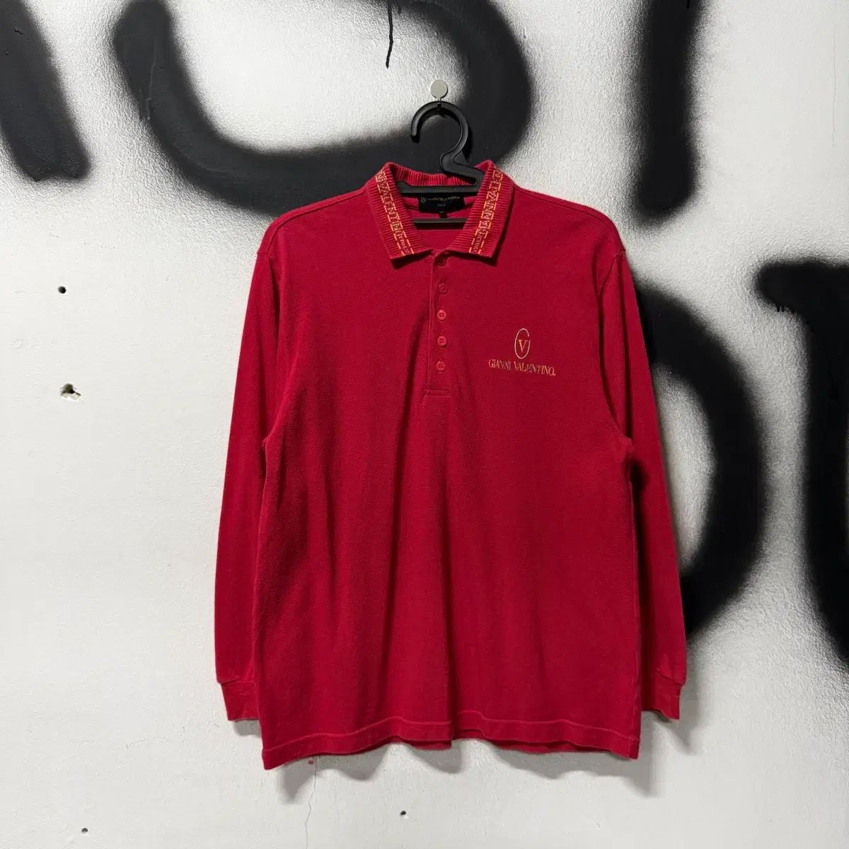 90s ジアーニ ヴァレンティノ ゴールド 刺繍 デザインテープ カラ 長袖 Tシャツ