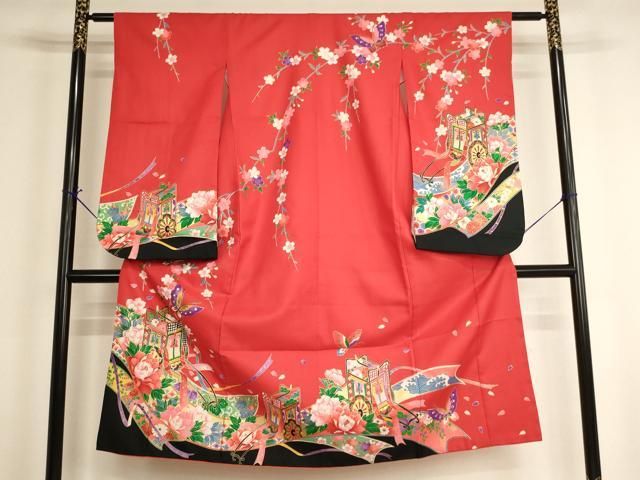 平和屋着物[]七五三　女の子　７歳　祝着　四つ身　御所車花蝶文　金彩　AABH2993ja