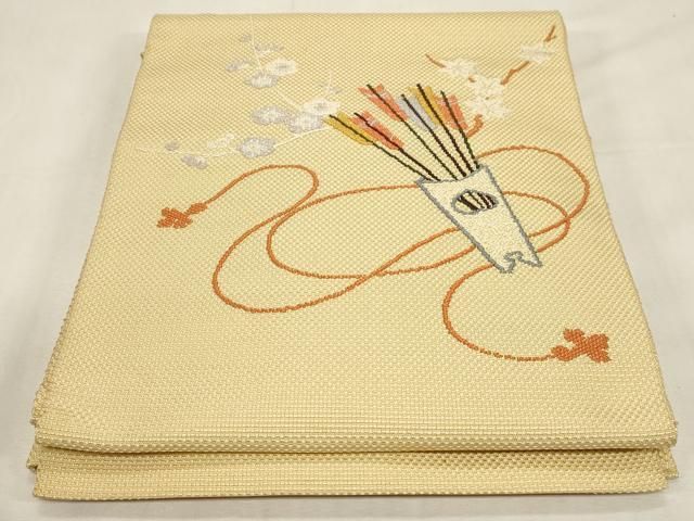 平和屋着物●八寸名古屋帯 刺繍 花籠矢羽文 正絹 逸品 CABF6336dy