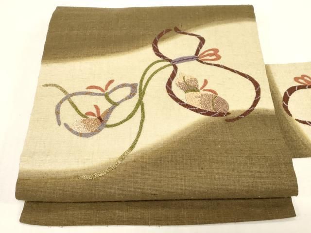 平和屋着物●中国三大刺繍　総相良刺繍　九寸名古屋帯　紬地　瓢箪　正絹　逸品　CABF6338dy