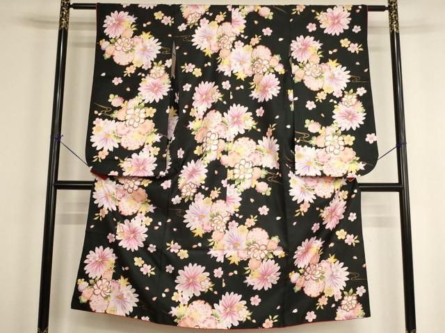 平和屋着物[]七五三　女の子　７歳　祝着　四つ身　雪輪花文　黒地　金彩　AABH2995ja