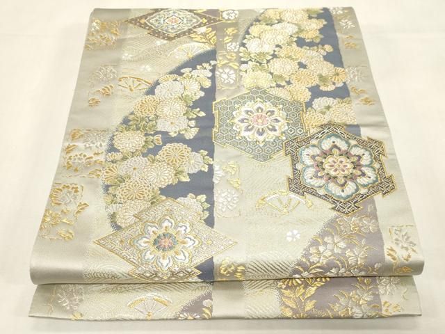 平和屋着物●六通柄袋帯　和泉錦　幾何学花文　金銀糸　正絹　逸品　CABF6302dy