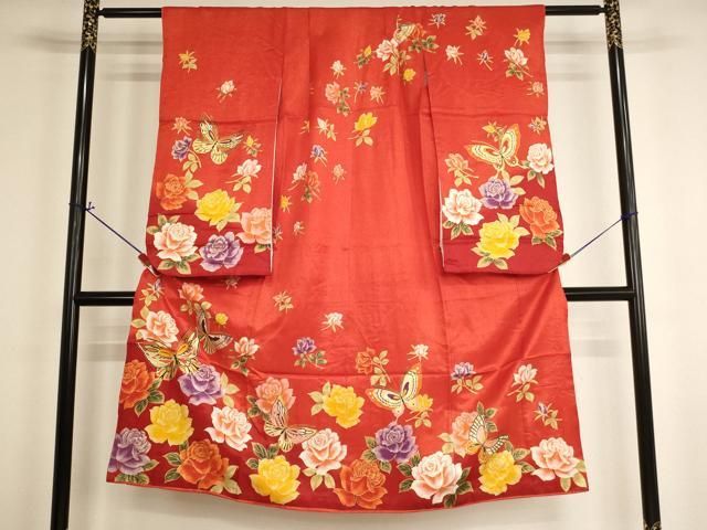 平和屋着物[]七五三　女の子　７歳　祝着　四つ身　花蝶文　薔薇　金銀彩　銀通し地　AABH2981ja