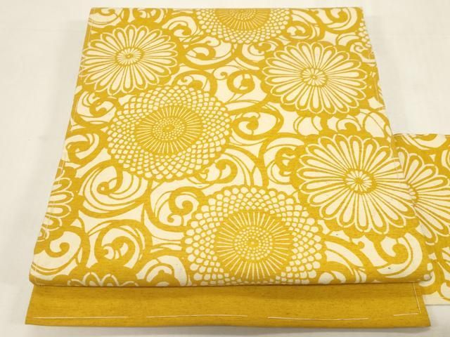 平和屋着物●全通柄九寸名古屋帯 紬地 型染め 花唐草文 正絹 逸品 未使用 CABF6319dy