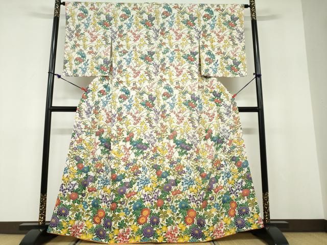 平和屋着物●訪問着　型染め　草花文　正絹　逸品　DABD9770ud