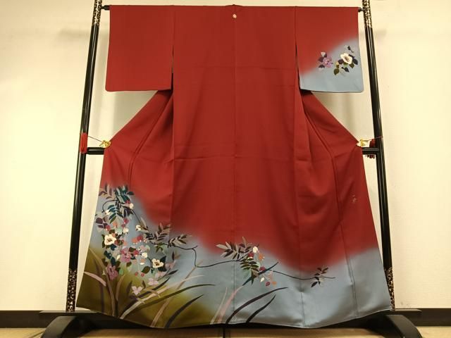 平和屋着物●染色作家 草野一騎 訪問着 手描き 枝花文 暈し染め 金彩 正絹 逸品 AABI1260fy