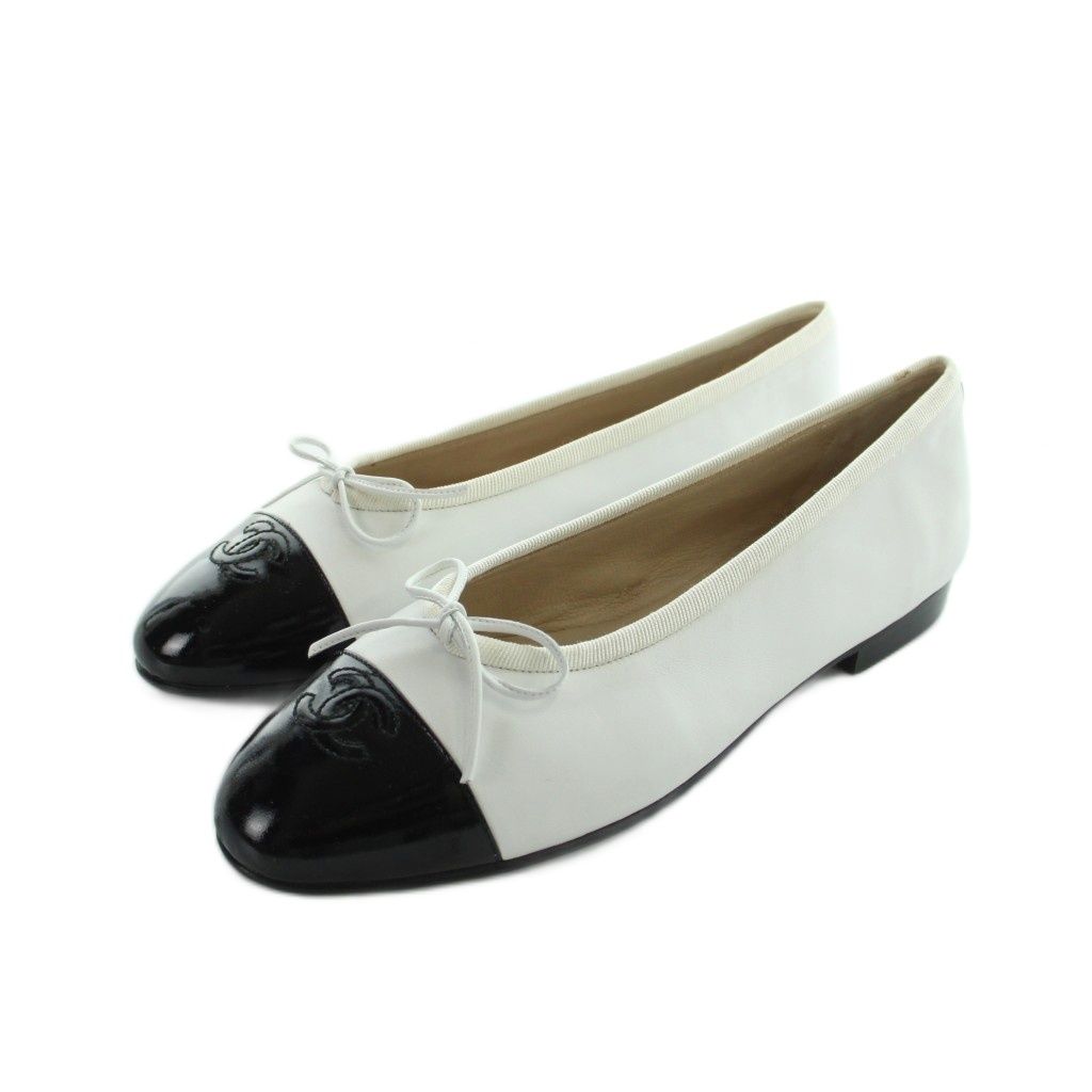シャネル CHANEL A02819Y01043 バレエシューズ パンプス レザー ロゴ 切替 37.5 24.5cm 白 ホワイト ■GY18 /MQ ■OH