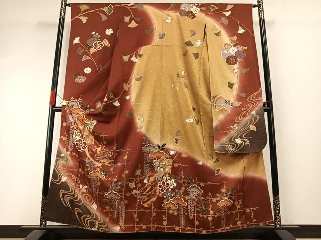 平和屋着物●豪華振袖　駒刺繍　御所車花文　暈し染め　金彩　正絹　逸品　AABI1268fy