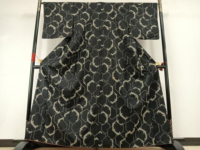 平和屋着物●上質な紬 亀甲文様 黒地 正絹 逸品 AABI1271fy