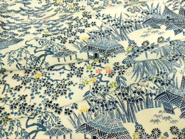 平和屋着物▽上質な小紋 単衣 型染 茶屋辻風景花文 正絹 逸品 DABE4374az