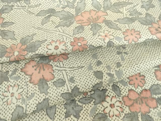平和屋着物▽上質な紬　単衣　草花文　正絹　逸品　DABE4380az