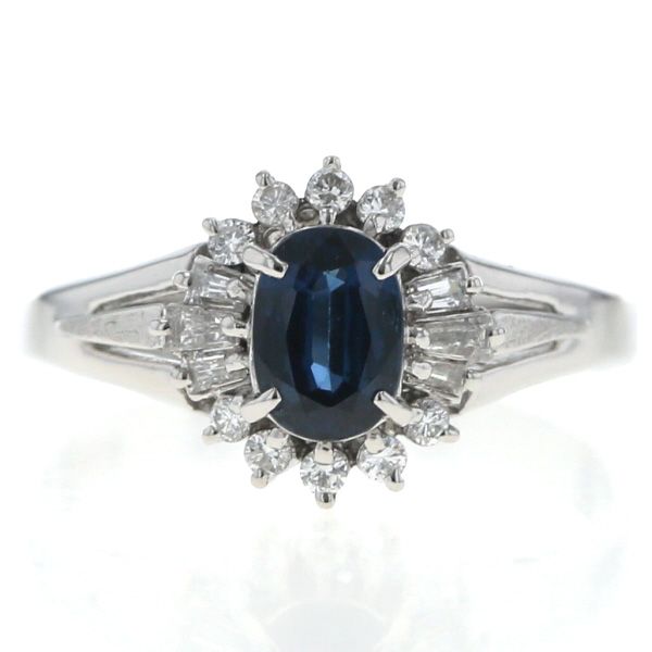 Pt900 プラチナ リング サファイア 0.83ct ダイヤモンド 0.28ct 取り巻き オーバル バゲット 指輪 15号【新品仕上済】【zz】【中古】