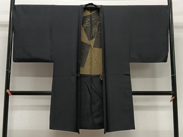 平和屋着物∞男性　長羽織　紬地　黒色　正絹　逸品　CABE5131ua