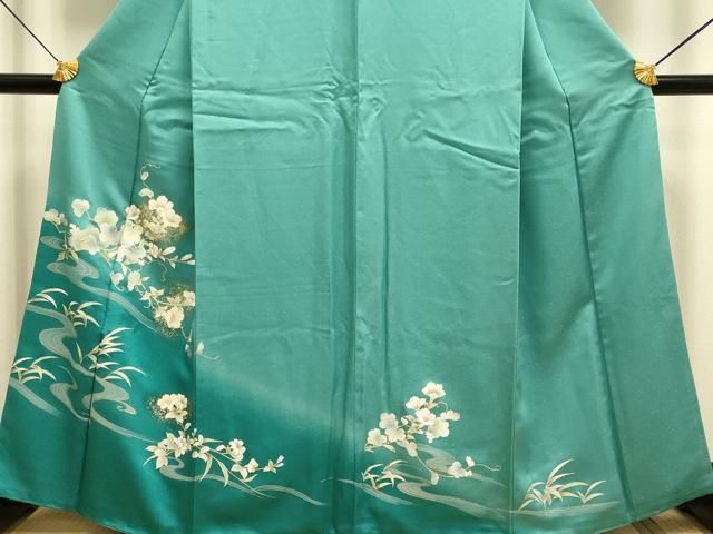平和屋着物▽上質な小紋　単衣　型染め　藍　流水花文　正絹　逸品　AABG7672ck 平和屋着物▽上質な小紋 単衣 型染め 風景花文 鬼しぼ縮緬 やまと誂製