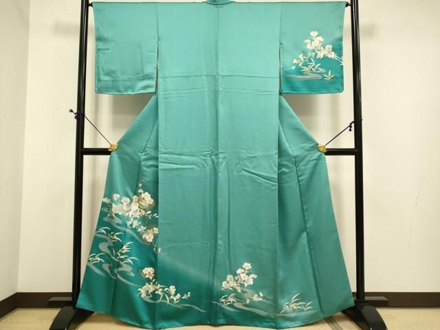 平和屋着物▽上質な小紋　単衣　型染め　藍　流水花文　正絹　逸品　AABG7672ck 平和屋着物▽上質な小紋 単衣 型染め 藍 流水花文 正絹 逸品
