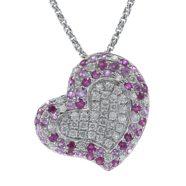 K18WG ホワイトゴールド ネックレス サファイア 0.16ct ルビー 0.20ct ダイヤモンド 0.25ct ハート パヴェ 60cm【新品仕上済】【zz】【中古】