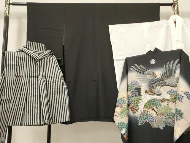 平和屋着物[]七五三　男の子　祝着・襦袢(単衣)・羽織・行灯袴セット　鷹　鷲　松文　暈し染め　金彩　逸品　DABE7022ma