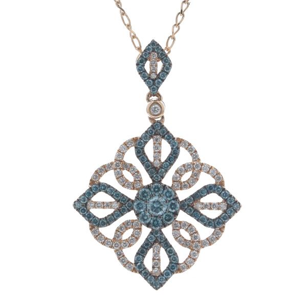 K18PG ピンクゴールド ネックレス ダイヤモンド 0.30ct ブルーダイヤモンド 0.52ct 透かし パヴェ スクエア デザイン 45cm【新品仕上済】【zz】【中古】