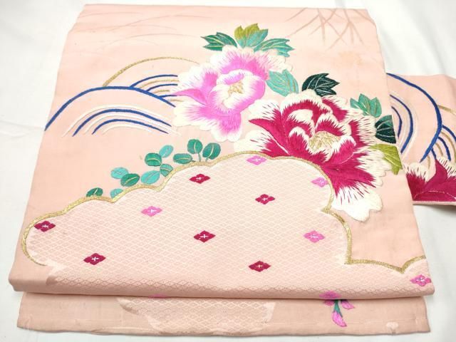 平和屋着物●アンティーク　大正ロマン　九寸名古屋帯　総手刺繍　流水花文　金糸　正絹　逸品　CABF8648hy
