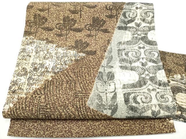 平和屋着物●九寸名古屋帯 紬地 絞り 切嵌花文 正絹 逸品 CABF8651hy