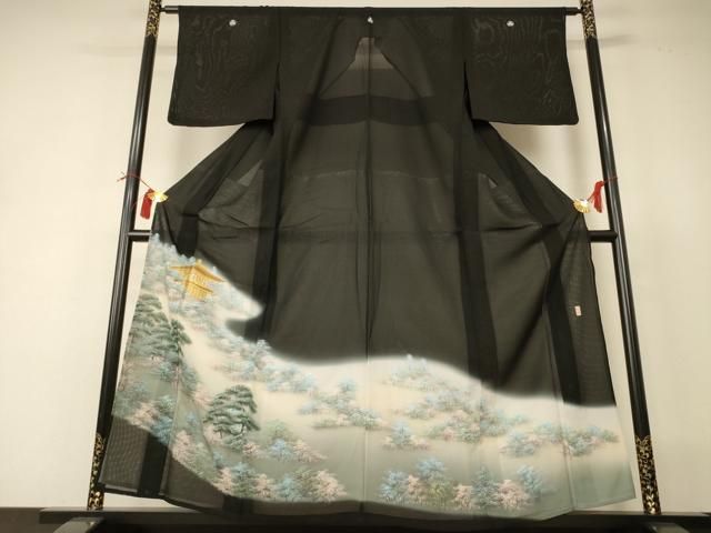 平和屋着物＊夏物　黒留袖　絽　作家物　風景文　暈し染め　金彩　正絹　逸品　AABI0656jd