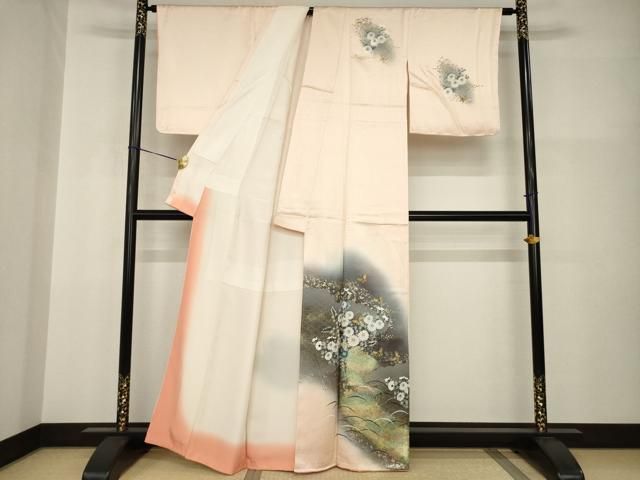 平和屋本店●極上　訪問着　花唐草文　暈し染め　金彩　銀通し地　白×黒　反端付き　ロング丈　逸品　DZAB3558kh6 平和屋本店□極上 十日町 加賀草木友禅の第一人者 田村哲彦 訪問着 鶏