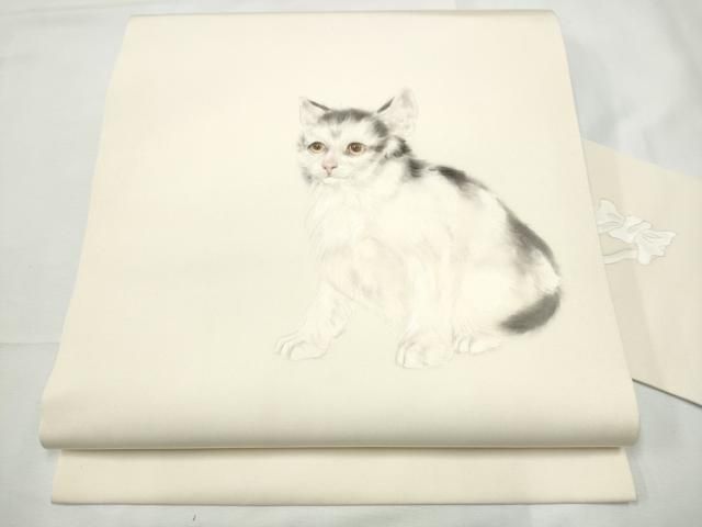 平和屋着物●塩瀬　九寸名古屋帯　作家物　手描き　猫　鈴乃屋扱い　正絹　逸品　CABF8656hy
