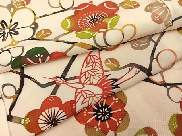 平和屋着物●上質な小紋　型染め　群れ鶴枝梅文　正絹　逸品　AABH9736ph