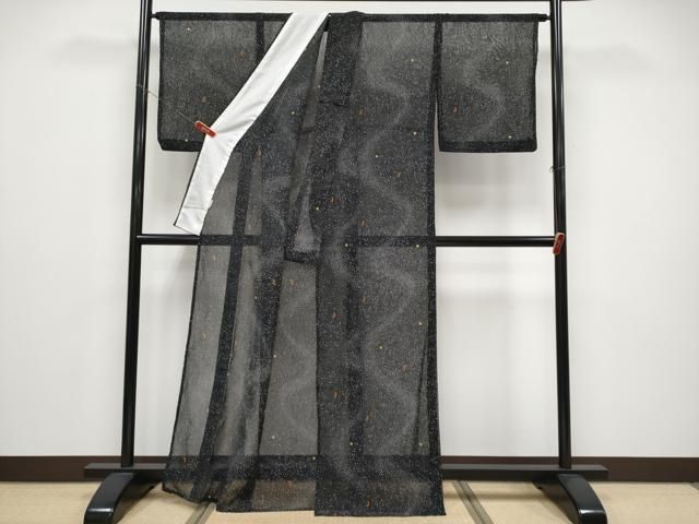 平和屋着物*夏物 小紋 紗 三日月 星 黒地 洗える着物 CABF2671tx 平和屋着物*夏物 小紋 紗 三日月 星 黒地 洗える着物 CABF2671tx