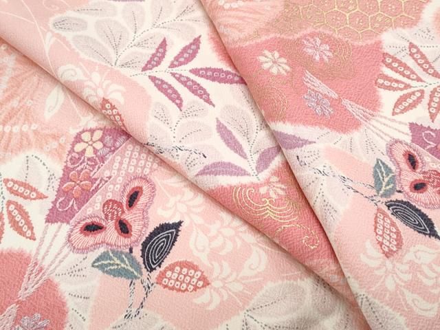 平和屋着物▽上質な小紋　単衣　扇面花文　金彩　正絹　逸品　CABF7741th