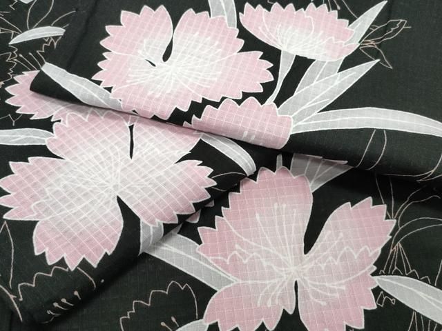 平和屋着物∴夏物 浴衣 綿紅梅 舞花文 黒地 綿 逸品 CABE9074ng