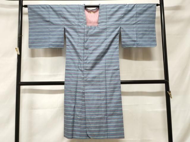 平和屋着物＃道行コート　雨コート　単衣　横段文　市松綾織　ロング丈　三越扱い　正絹　逸品　CABF3881ev 22,464円
